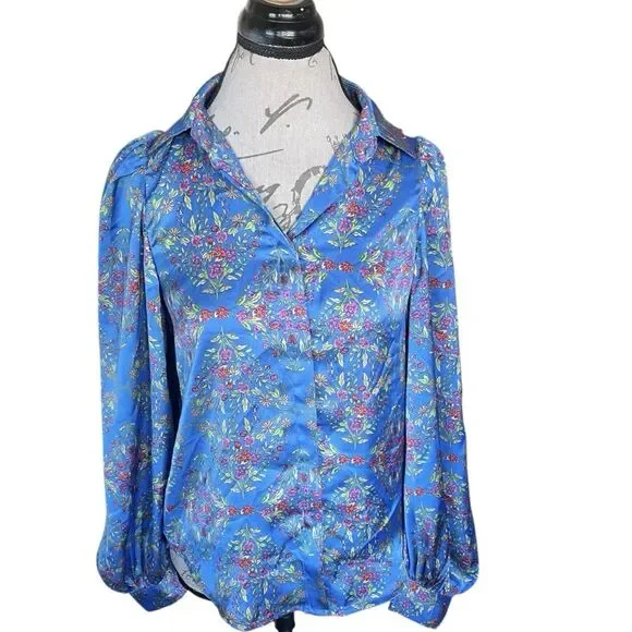 Olivaceous Womens Blouse Sz Small Satin Floral Button down Blue Spring Summer - Picture 2 of 16